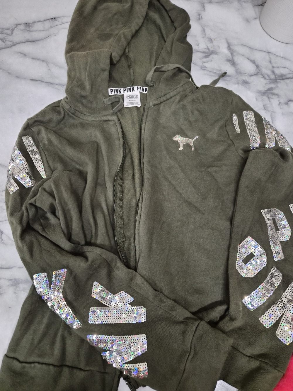 PINK Victoria's Secret Olive Sequin-Logo Zip Hoodie